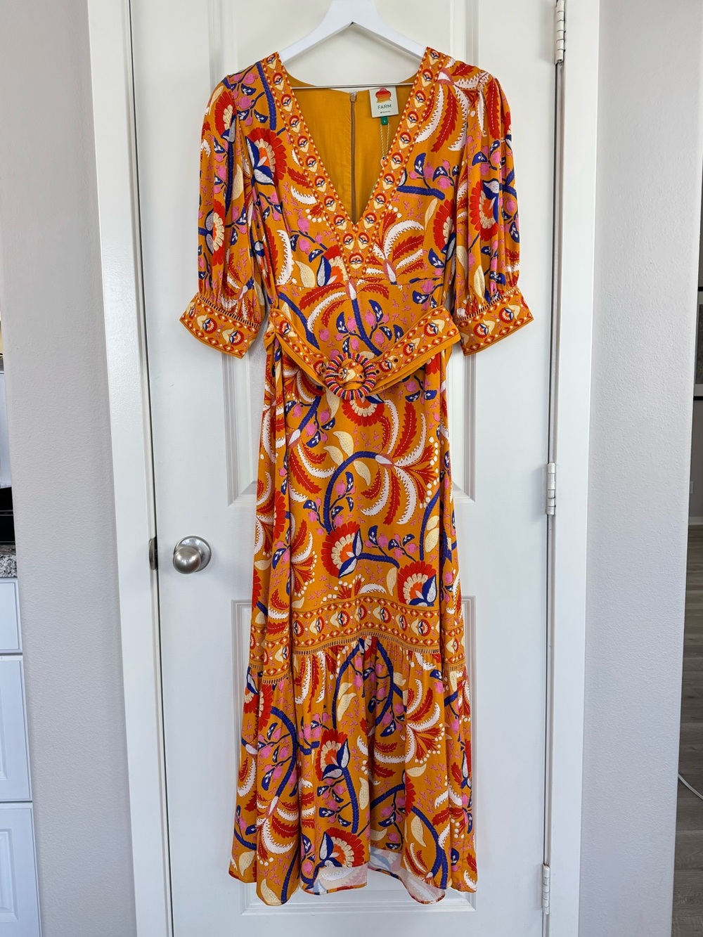 Farm Rio Yellow Palms Party Belted Dress Vibrant Colorful Resort Size Large - Picture 2 of 16